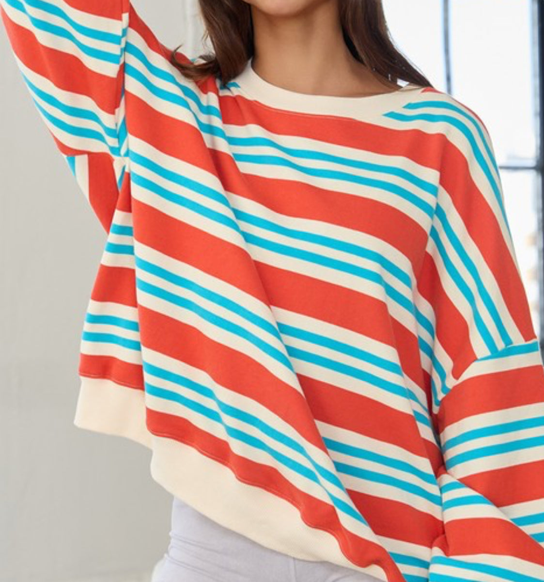 Turquoise & Red Striped Top