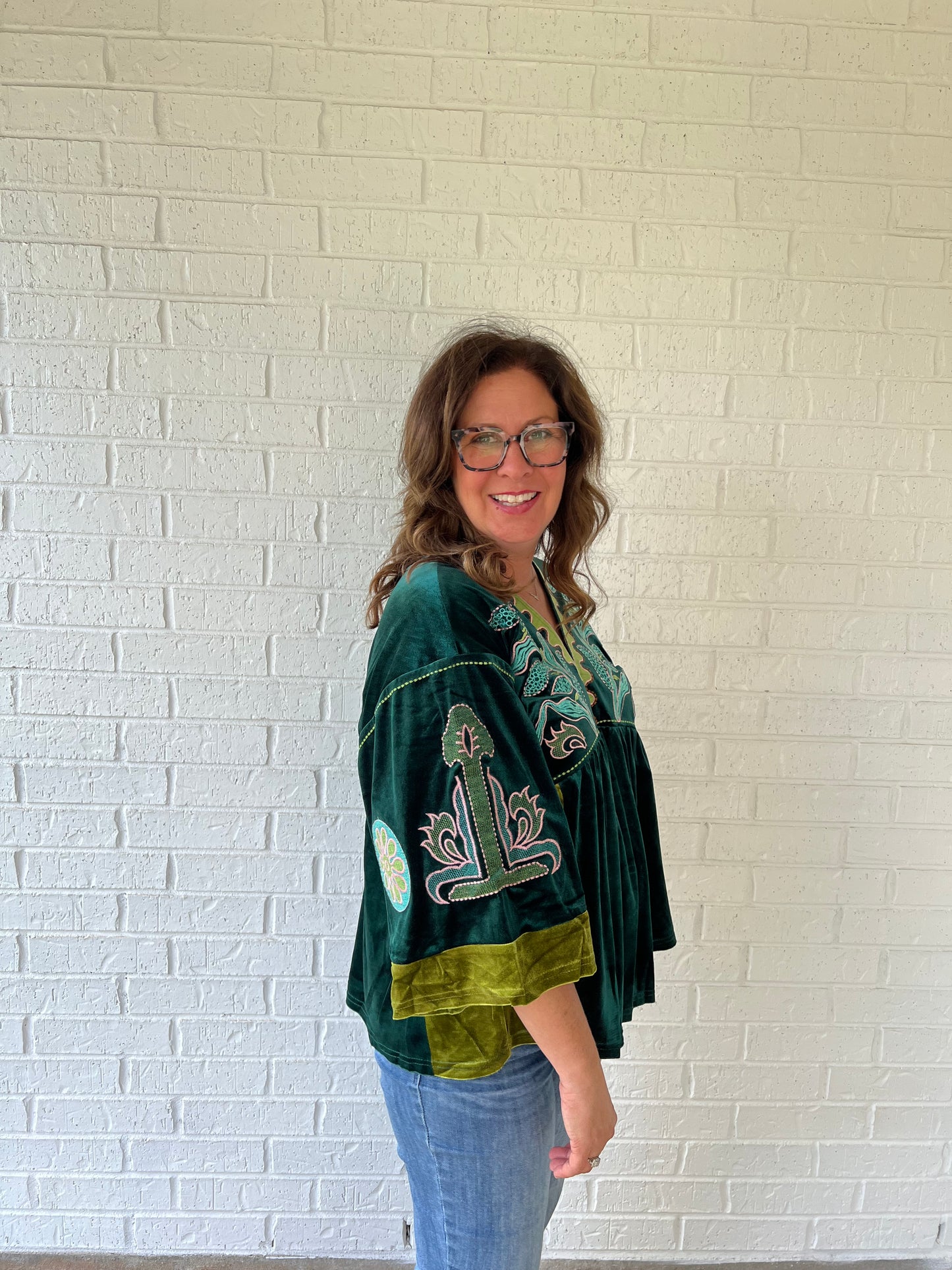 Green Embroidered Velvet Top