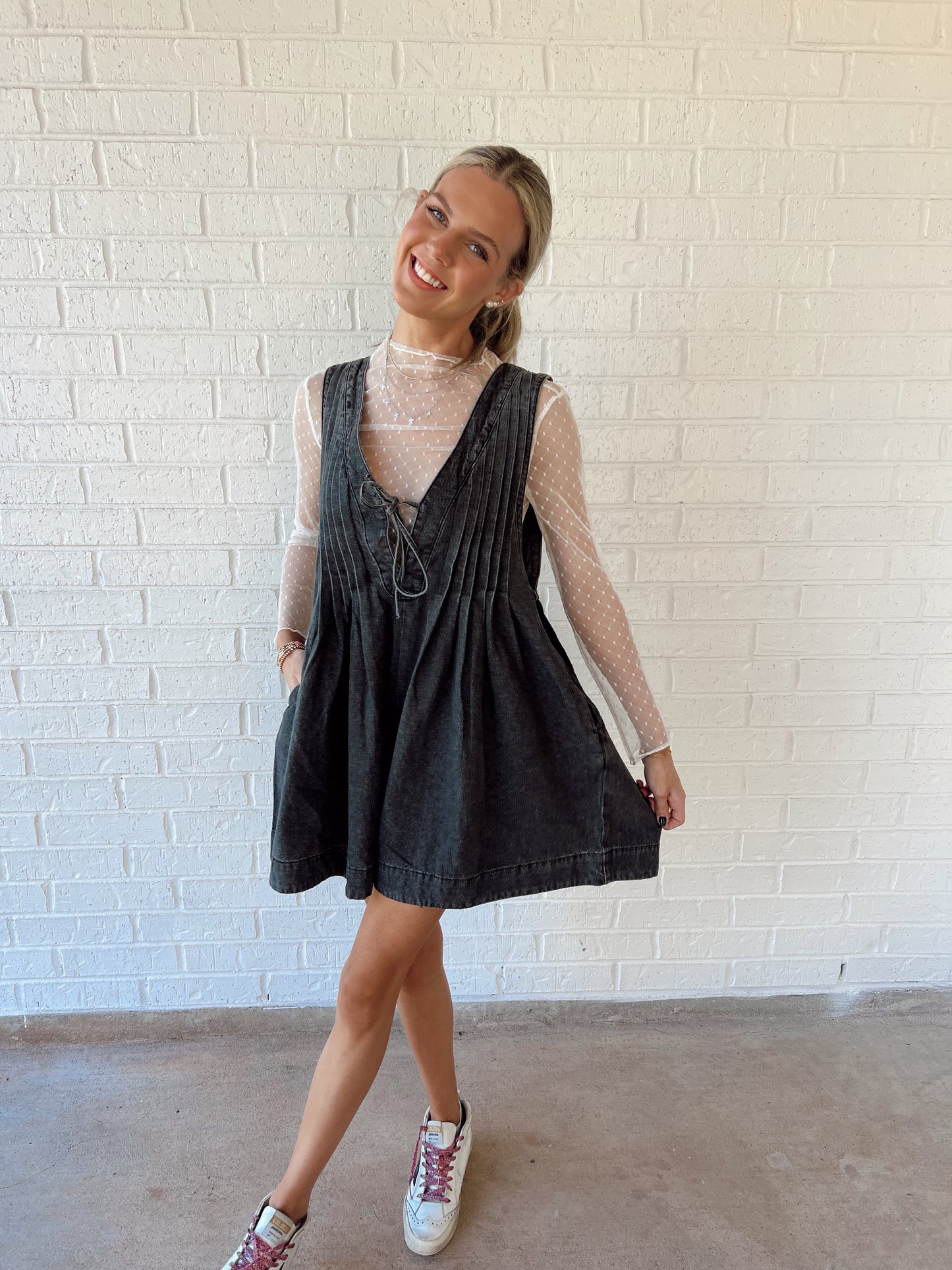 V neck black denim romper