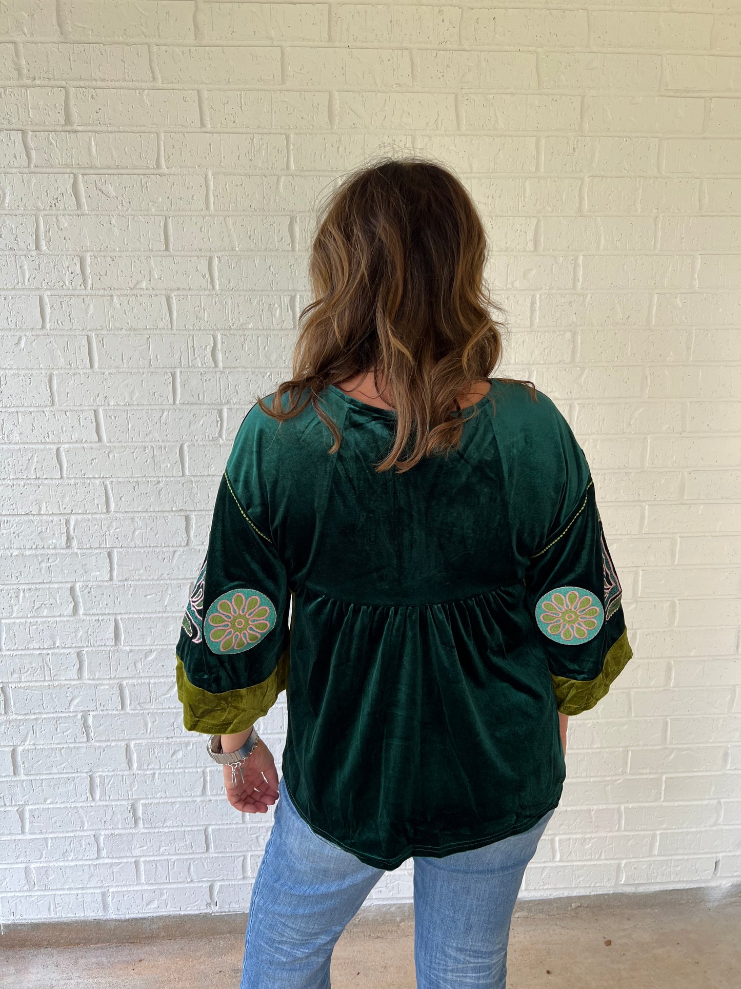 Green Embroidered Velvet Top