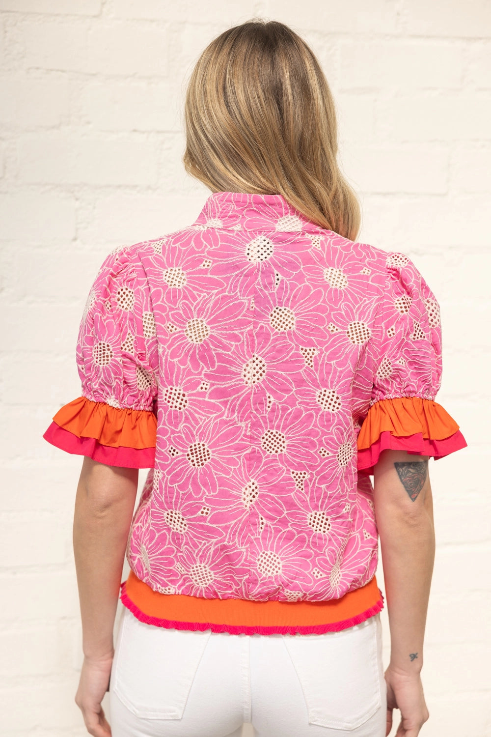 Color Block Ruffle Sleeve Floral Eyelet Top
