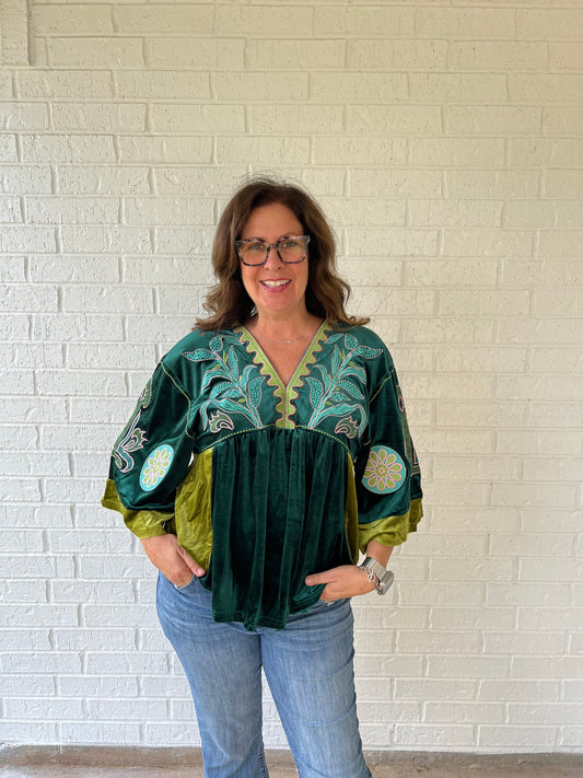 Green Embroidered Velvet Top