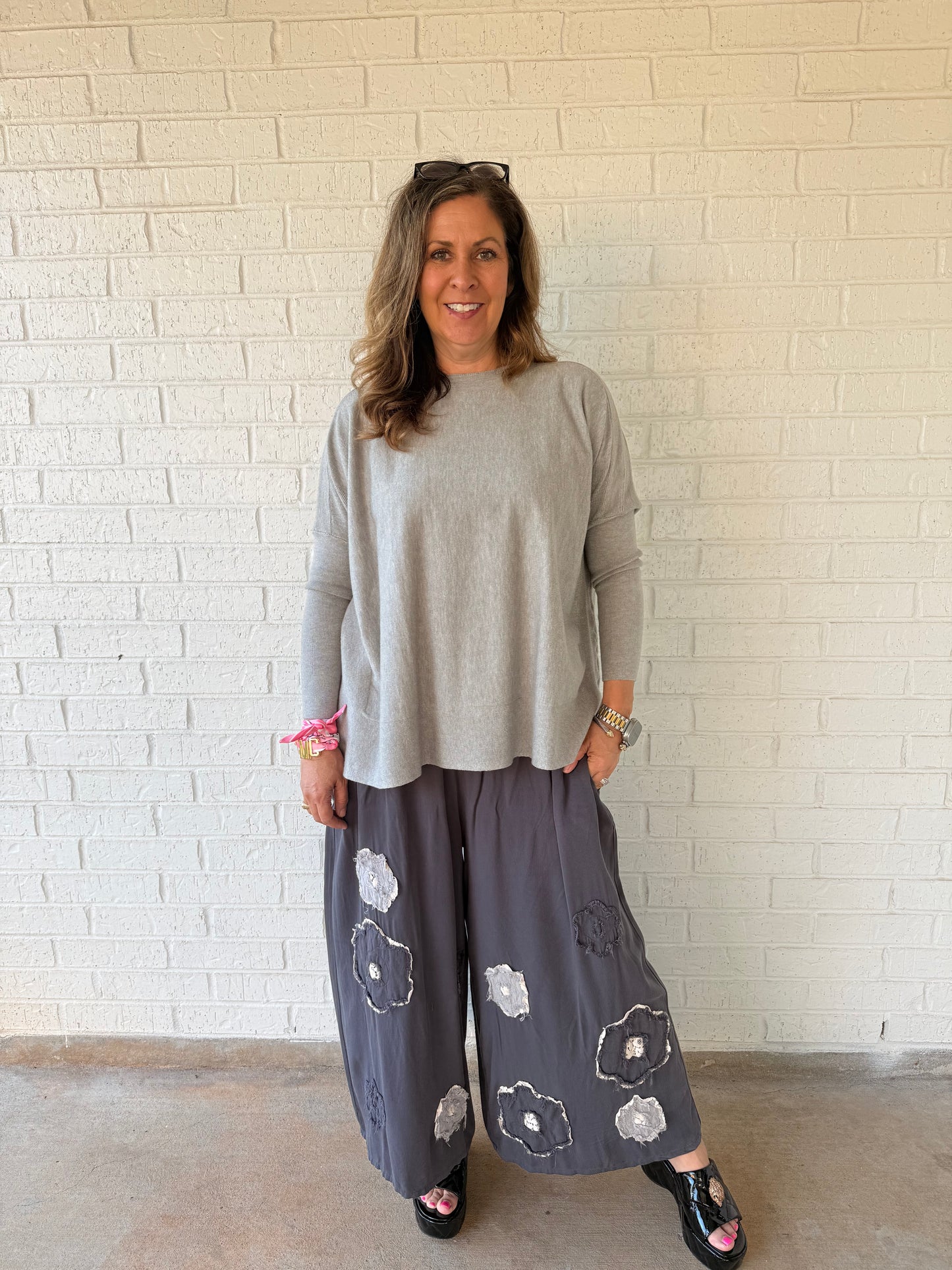 Gray Flower Power Smocked Pants