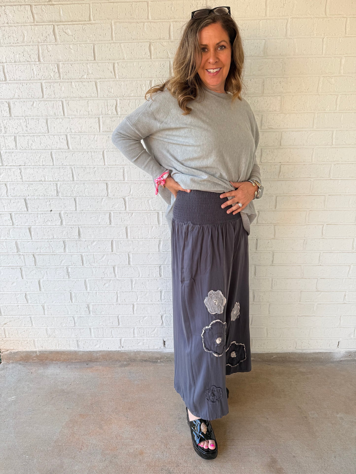 Gray Flower Power Smocked Pants