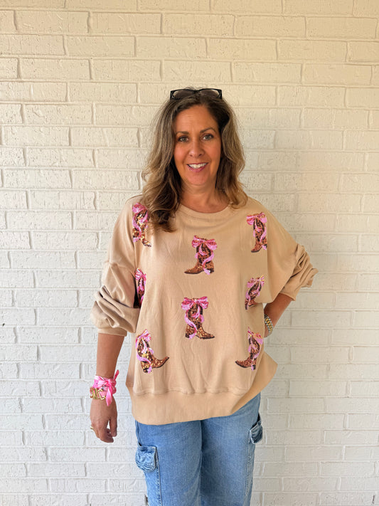 Cowboy boots bow crewneck