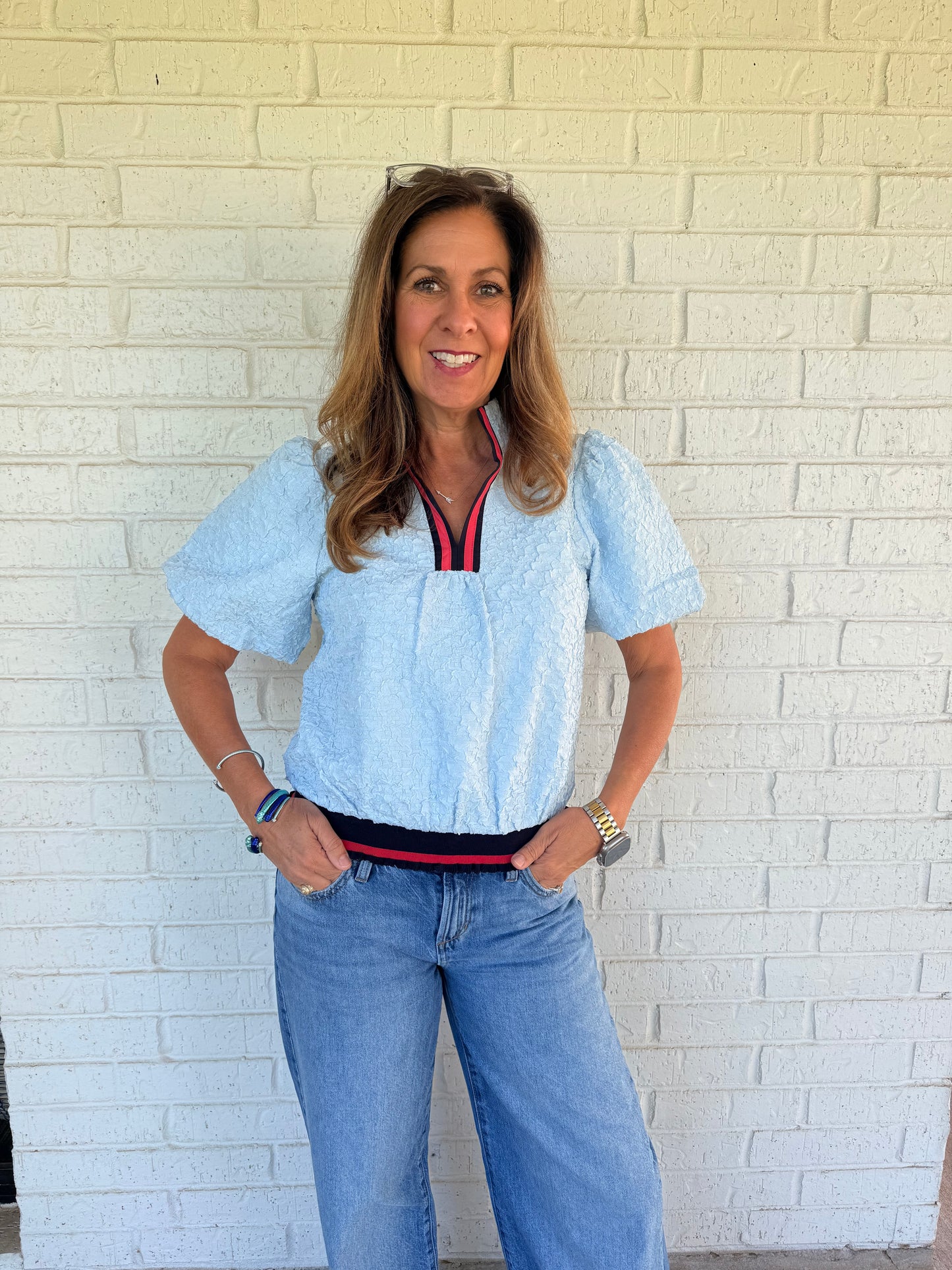 Light Blue Textured Pink and Navy Top