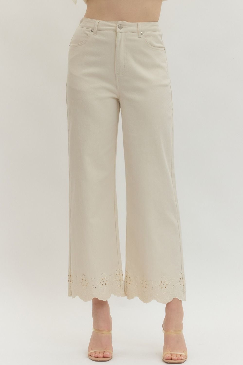 Cream Denim Jeans with Eyelet bottom