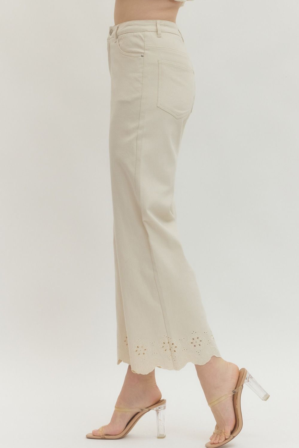 Cream Denim Jeans with Eyelet bottom