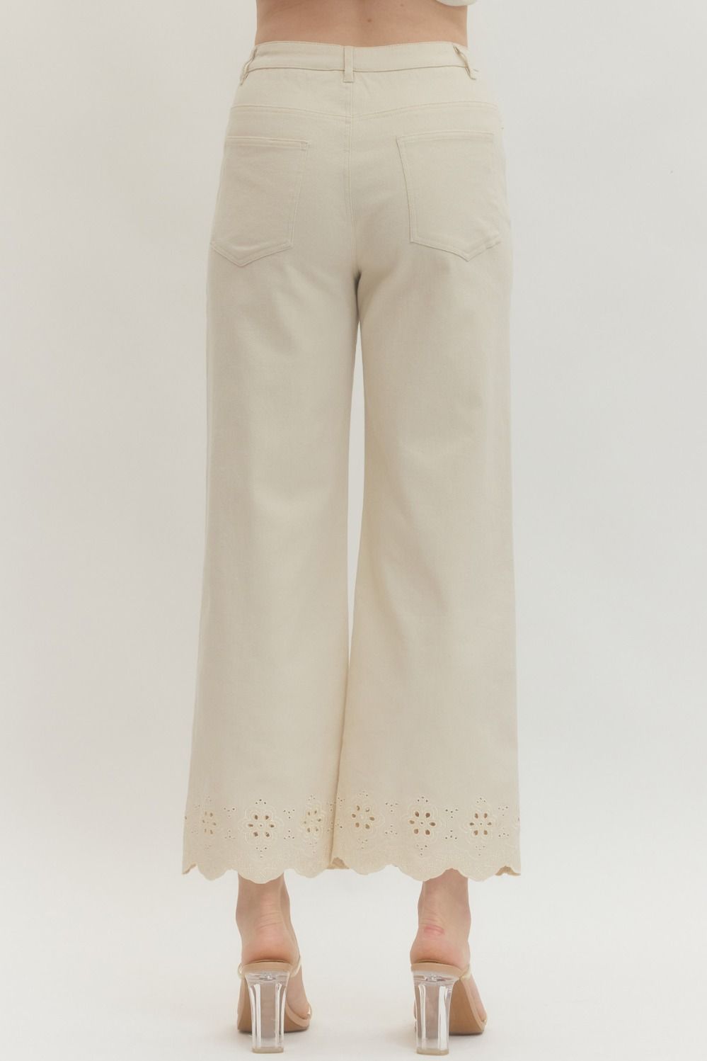 Cream Denim Jeans with Eyelet bottom