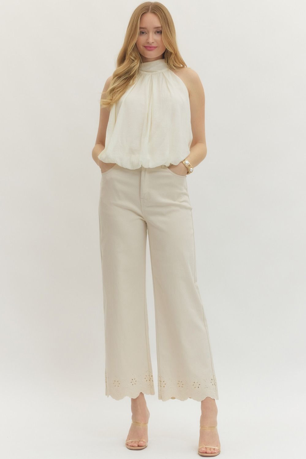 Cream Denim Jeans with Eyelet bottom